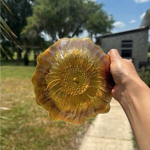 Vintage Sunflower Amber/Yellow Carnival Glass Bowl